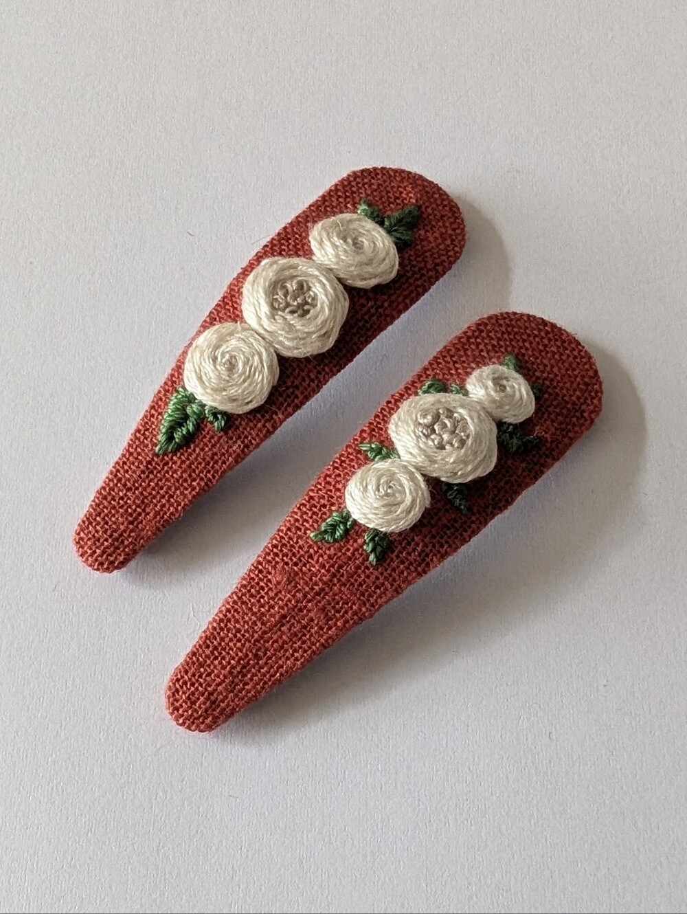 Cream Roses On Orange Hand Embroidered Hair Clips Handmade Accessories